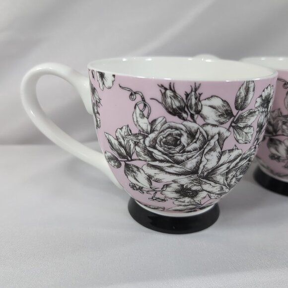 Portobello by Inspire Floral Mug Rose Pink Border Butterfly Black 2 Set Pedestal - Picture 2 of 13
